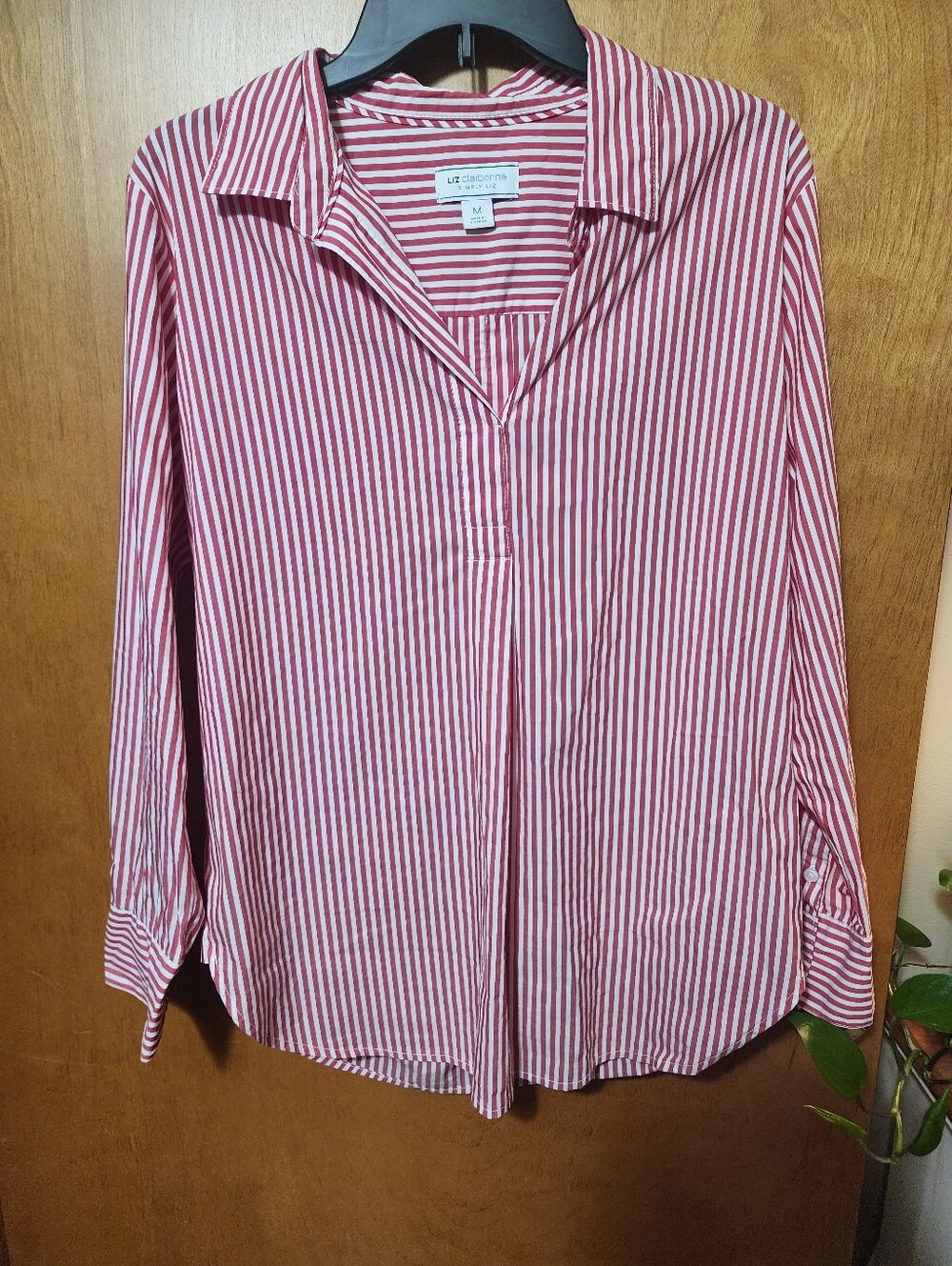 Liz Claiborne Red and White Striped Long Sleeve Poplin Tunic Shirt M